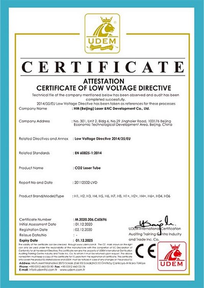 M.2020.206.C60696 Laser Tube LVD 2292 Certificate